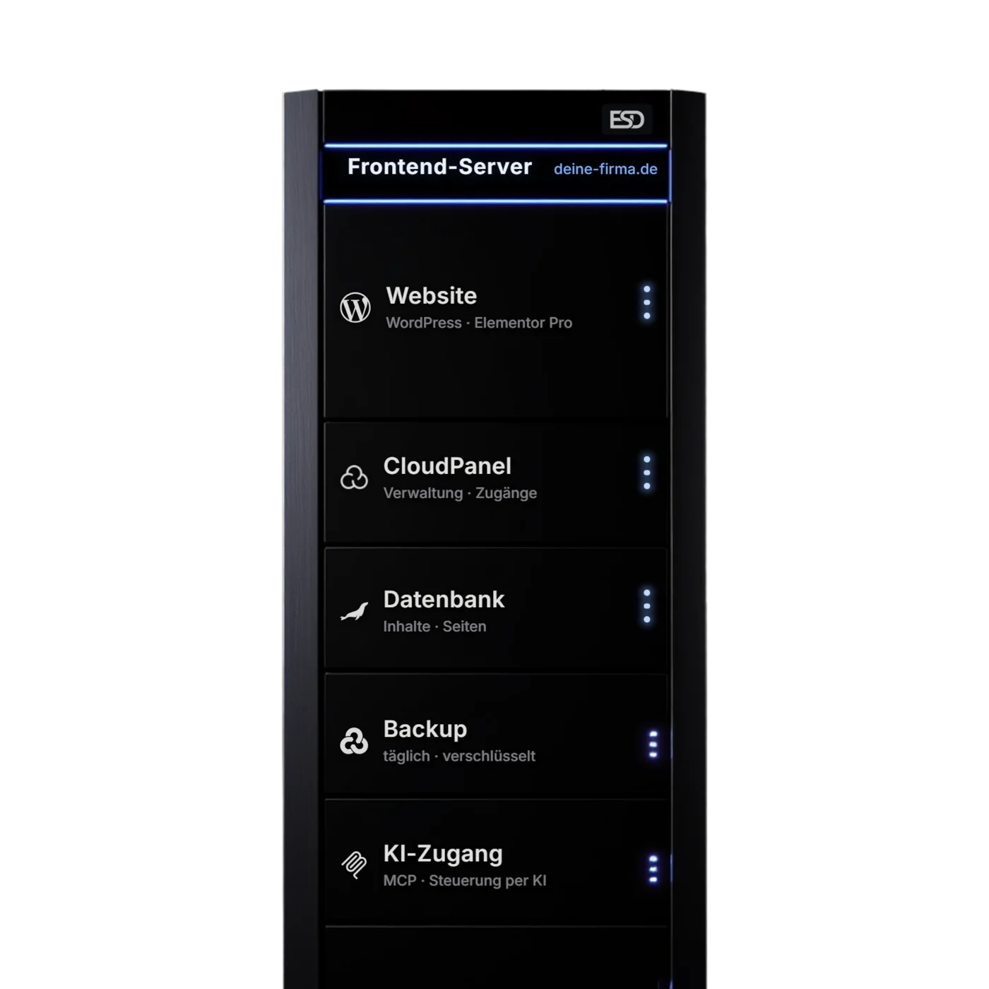 Server-Blende in Nahaufnahme: Website mit WordPress und Elementor Pro, CloudPanel, Datenbank, tägliches Backup und KI-Zugang