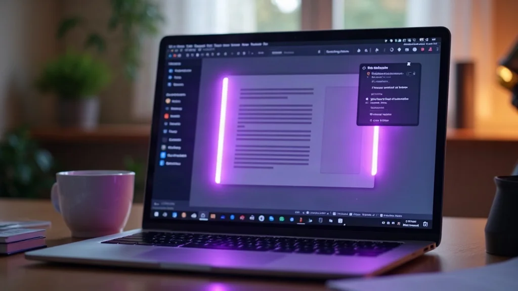 Laptop mit stilisiertem Dokumentenfenster und violett leuchtender KI-Seitenleiste im ruhigen Büro-Setting